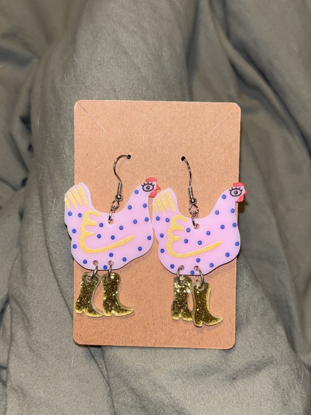 Cute Pink Chicken Dangle Earrings with Gold Boot Charms